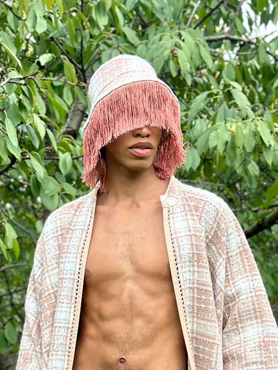 Blush Wool Tweed Bucket Hat with Crystal Trim & Fringe Accent - Made X Hudson