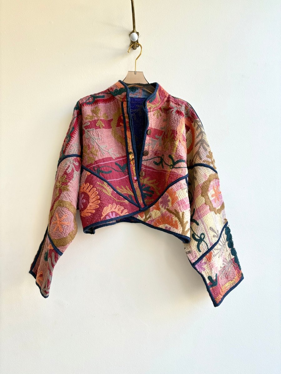 Reversible Kaira Quilted Cropped Jacket in Colors Maroon, Orange, Green Floral & Purple, Plum, Lavender - Made X Hudson