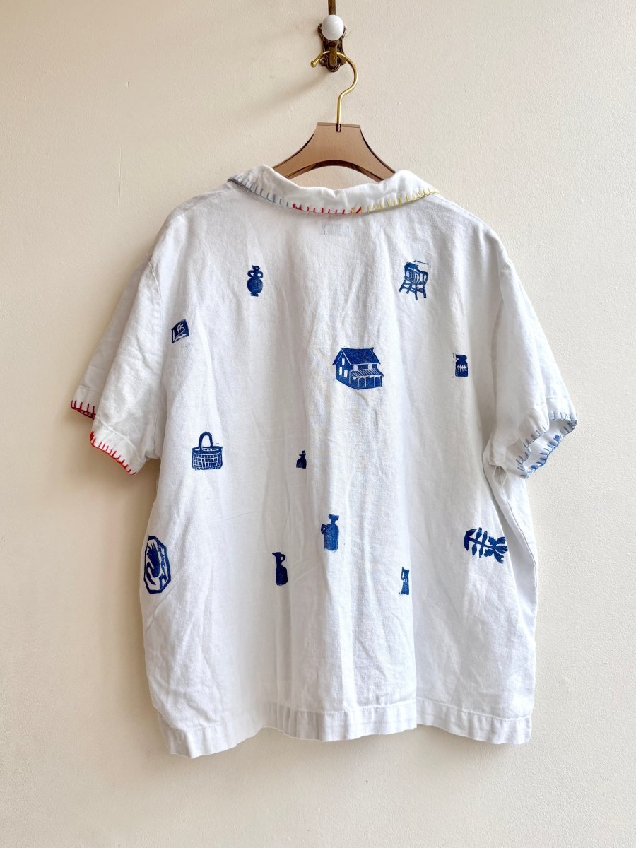 White and Cobalt Tiny Print Short Sleeve | Block Printed (Reworked) - Made X Hudson