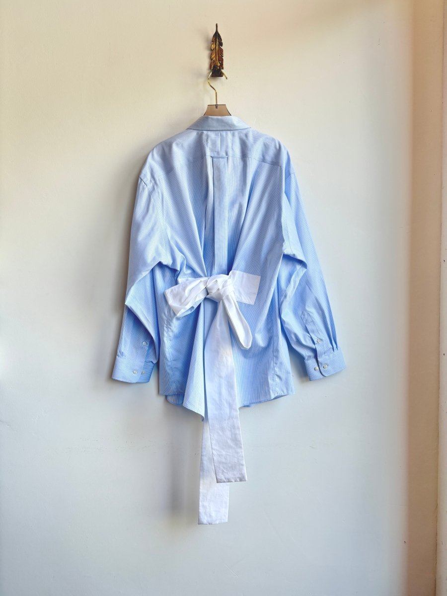 The Patrick Top | Blue Mini Checkered Shirt w/ White Belting (Reworked) - Made X Hudson