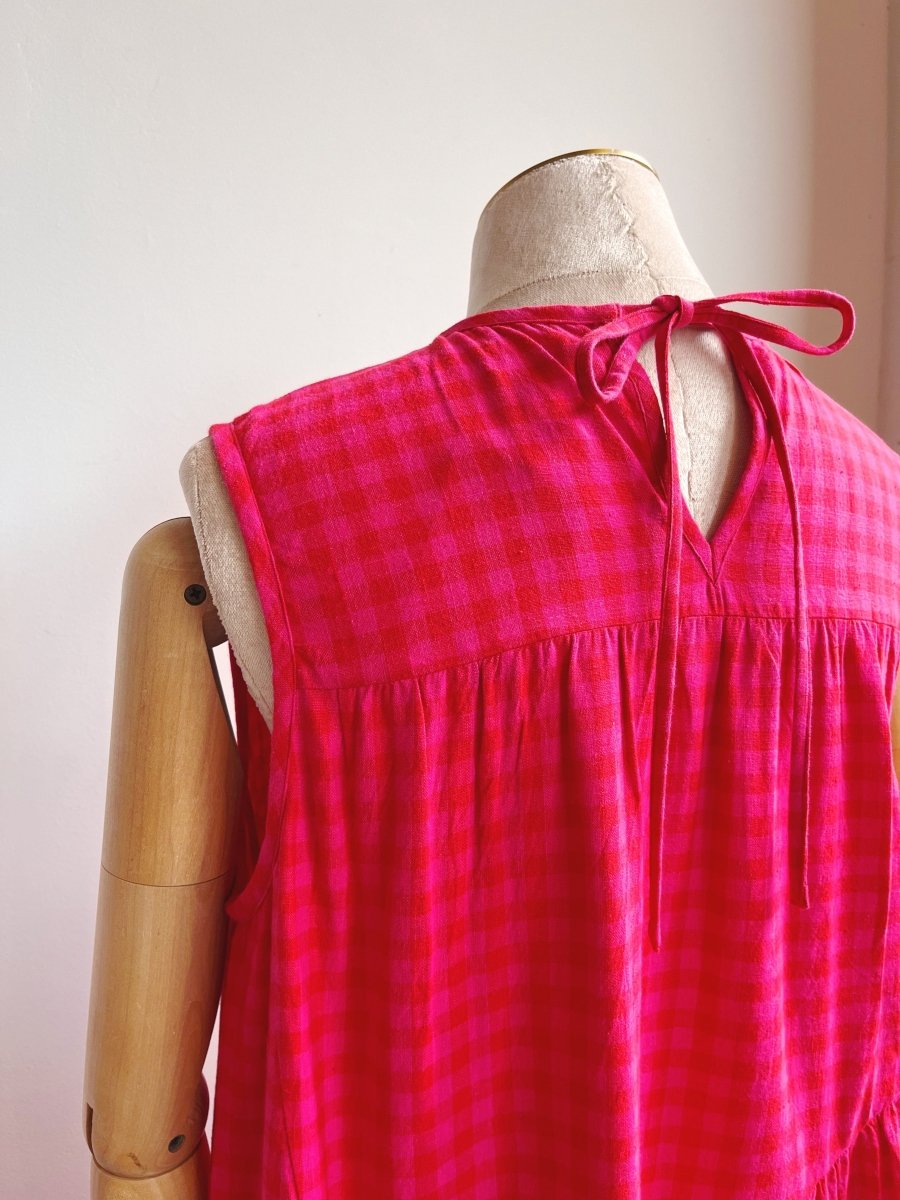 Anan Long Gathered Dress in Pink & Red Petunia Check - Made X Hudson