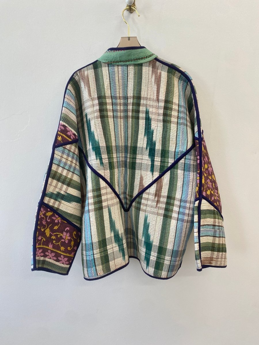 Reversible Ladhiya Quilted Jacket in Multi - Colored Patchwork & Green, Blue & White Stripe w/ Floral Pocket - Made X Hudson