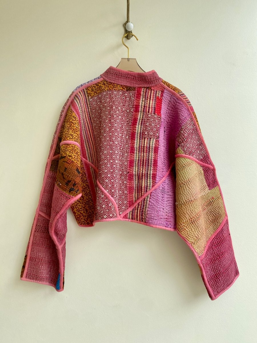 Reversible Kaira Quilted Cropped Jacket in Colors Red, Pink, Orange, Yellow, & Pale Pink Patchwork - Made X Hudson