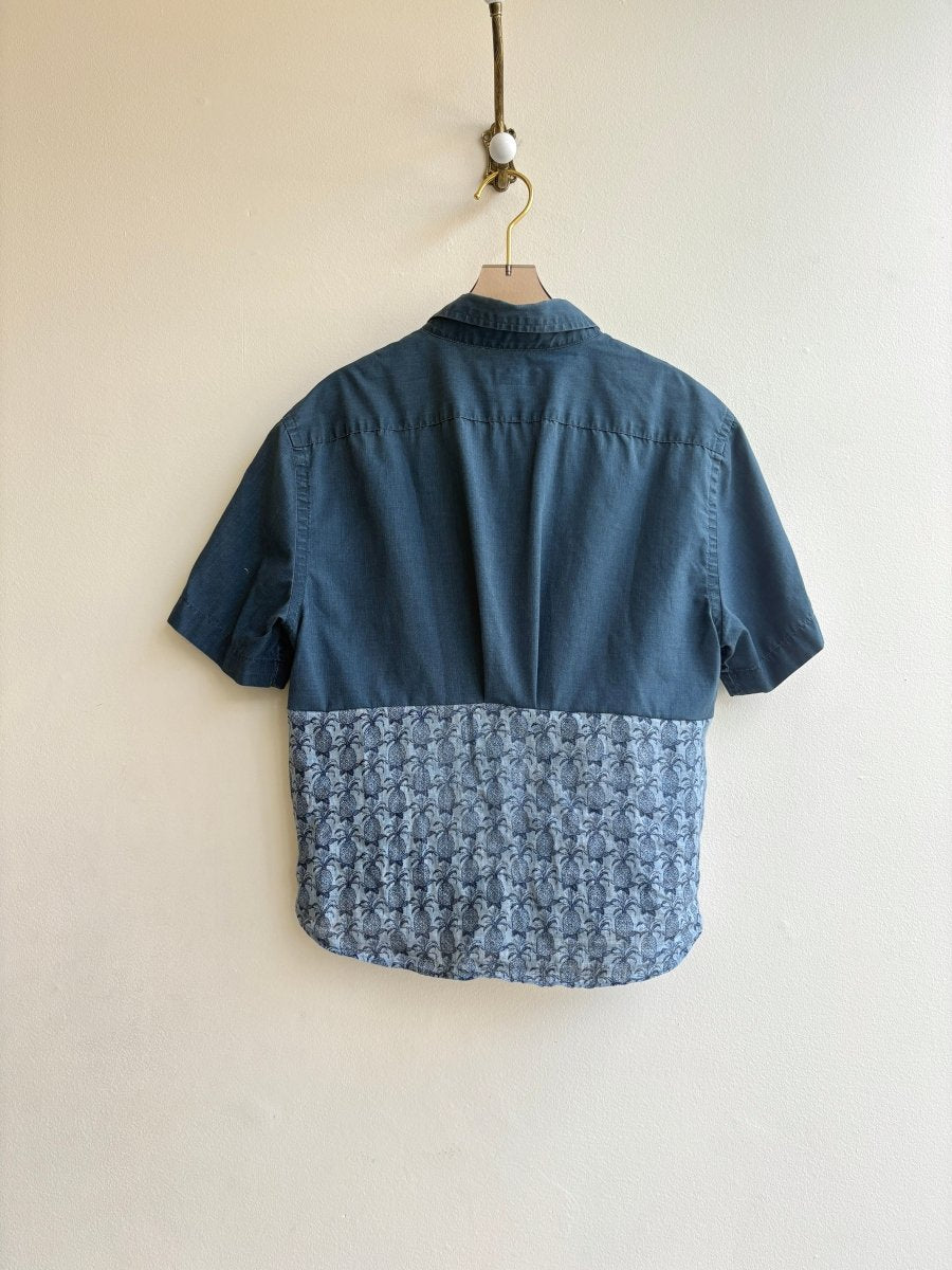 Two - Tone Blue and Pineapple Print Everyday Button Down Short Sleeve Top (Reworked) - Made X Hudson