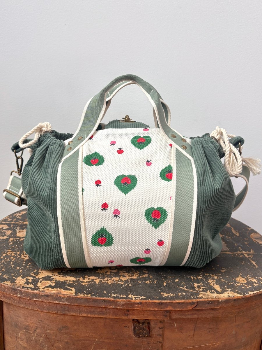 Mini Cross - Body Duffel Bag in Emerald Corduroy and Retro Strawberry Pattern w/ Sage Webbing - Made X Hudson