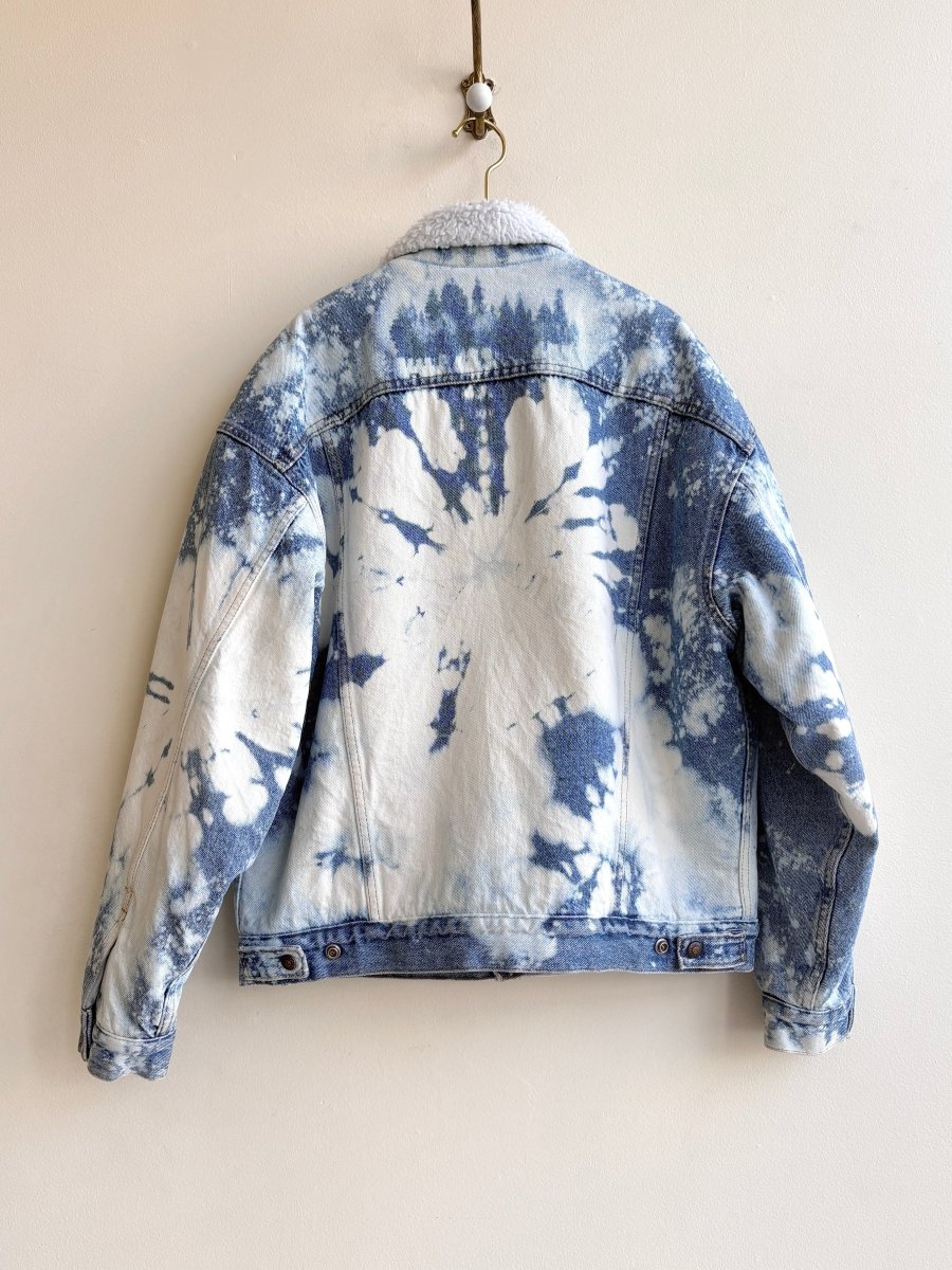 "Frances" Distressed Light Denim Sherpa Jacket with Tree Stencils (Reworked) - Made X Hudson
