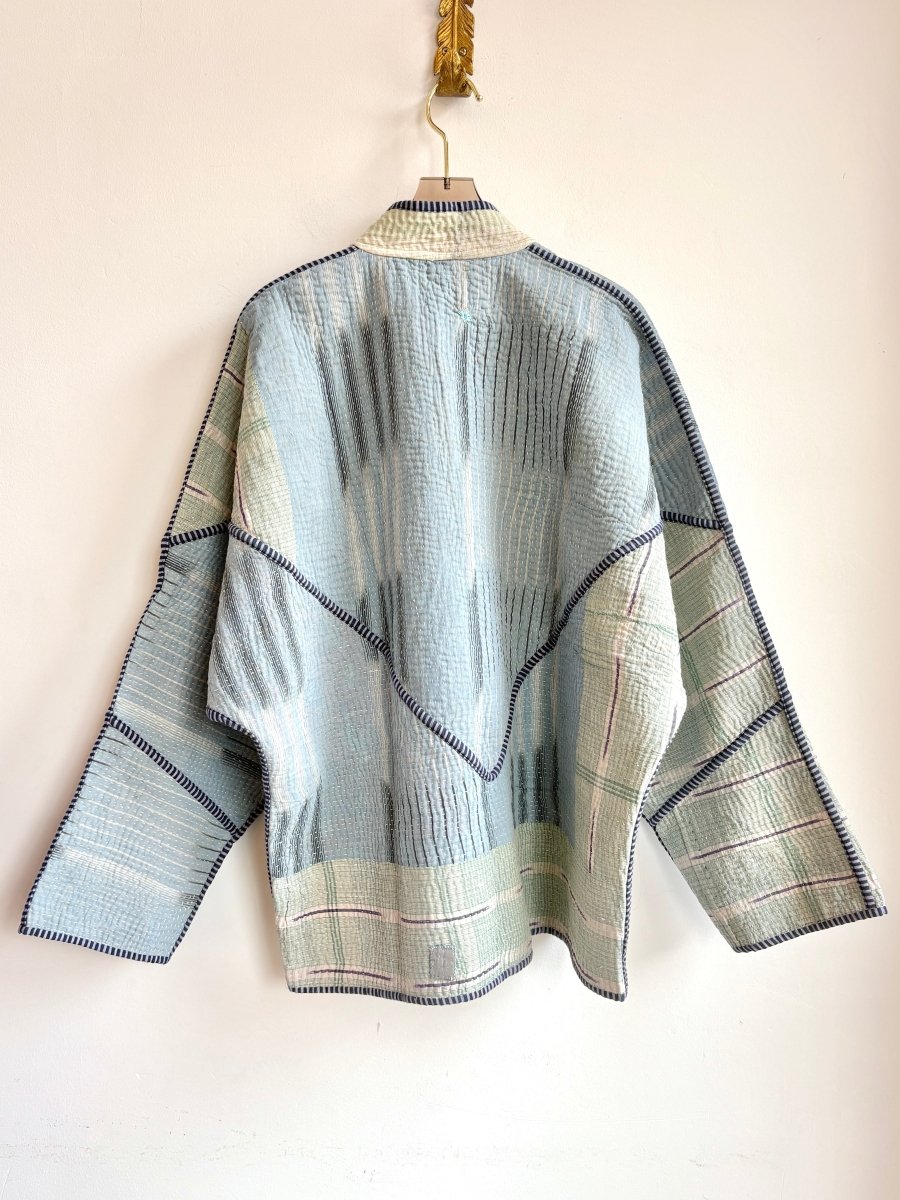 Reversible Ladhiya Quilted Jacket in Colors Pale Blue, Navy, Mint, Cream & Multi - Colored Patchwork - Made X Hudson