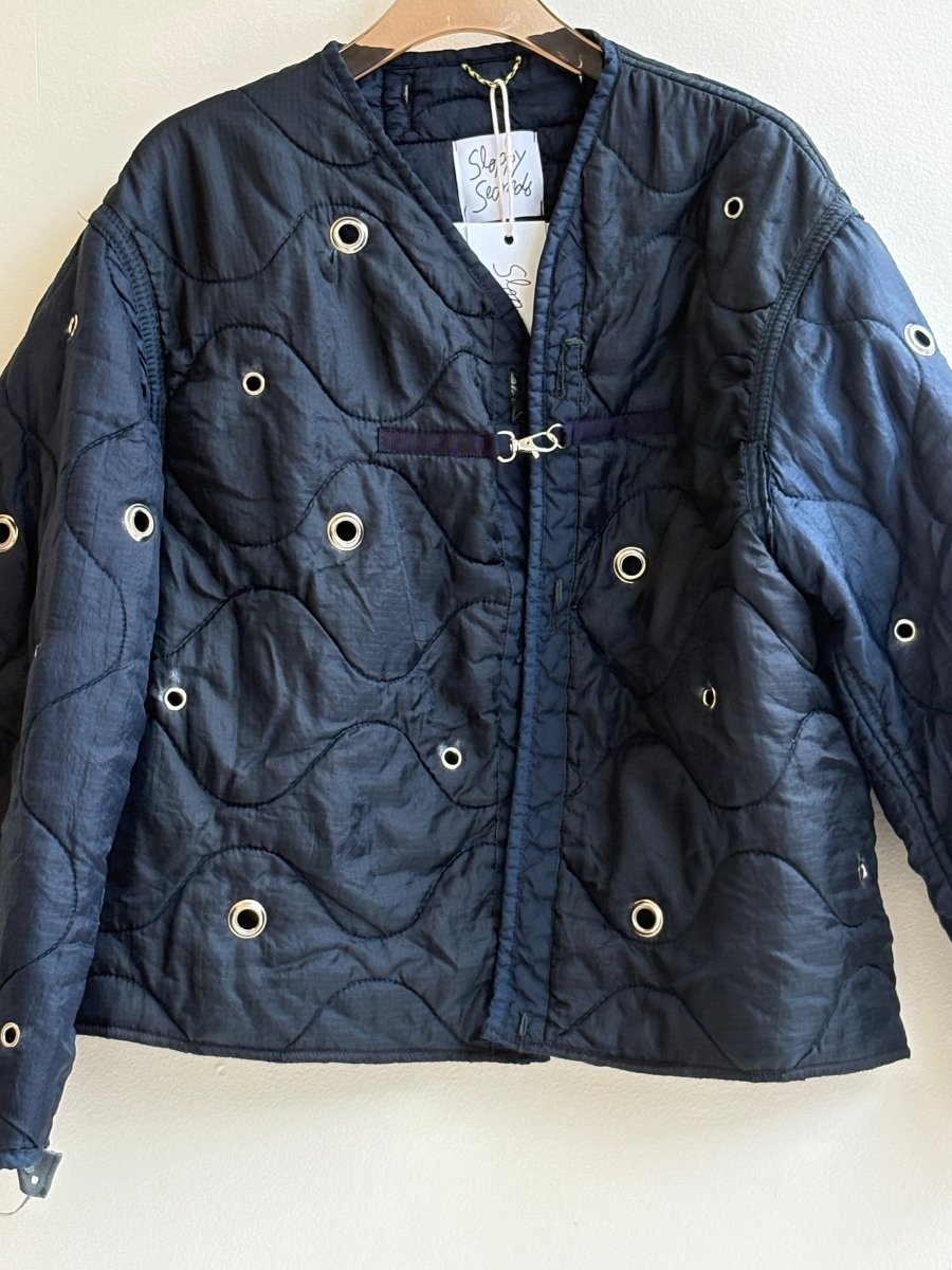 Navy Army Liner Quilted Coat w/ Silver Grommets & Clasp (Reworked) - Made X Hudson