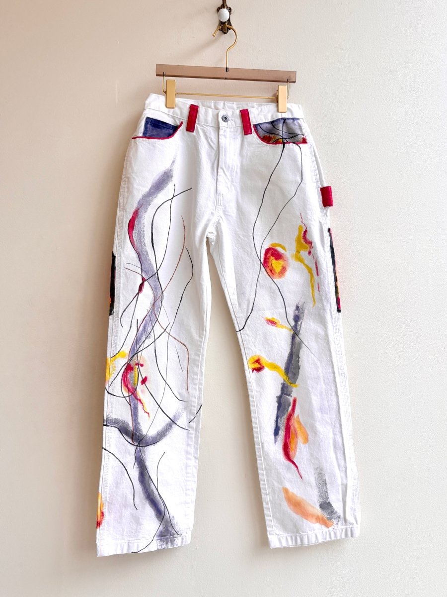 Red, Grey & Yellow Abstract Printed, Painted & Hand Drawn Pants (Reworked) - Made X Hudson