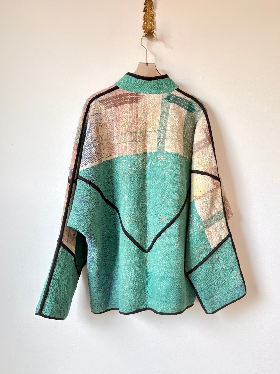 Reversible Ladhiya Quilted Jacket w/ Navy Blue, Orange & Floral Stripes & Turquoise w/ Pastel Plaid - Made X Hudson