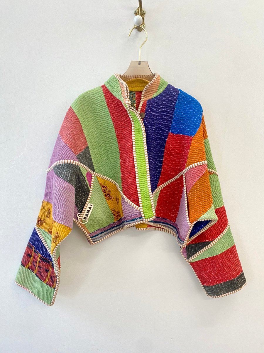 Reversible Kaira Quilted Cropped Jacket in Colors Blue, Yellow, Red, Green w/ Black & White Flowers & Red, Sage Green, Purple & Mustard Floral Patchwork - Made X Hudson