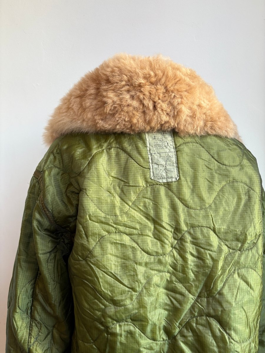 Olive Green Army Liner Quilted Coat w/ Caramel Alpaca Fur Collar & Twill Tape Ties (Reworked) - Made X Hudson