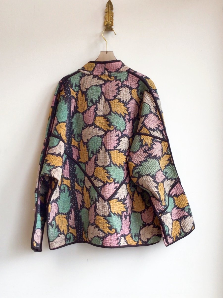 Reversible Ladhiya Quilted Jacket in Colors Mustard, Tan, Blush, Light Teal Leaf Pattern & Pink, Orange, Black, Blue, Brown - Made X Hudson