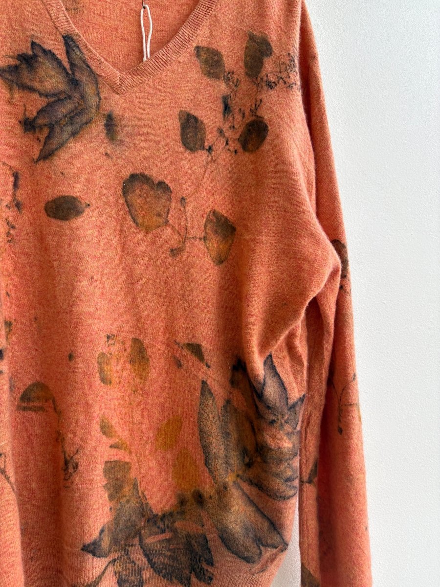Orange Cashmere Eco Printed V - neck Sweater (Reworked) - Made X Hudson