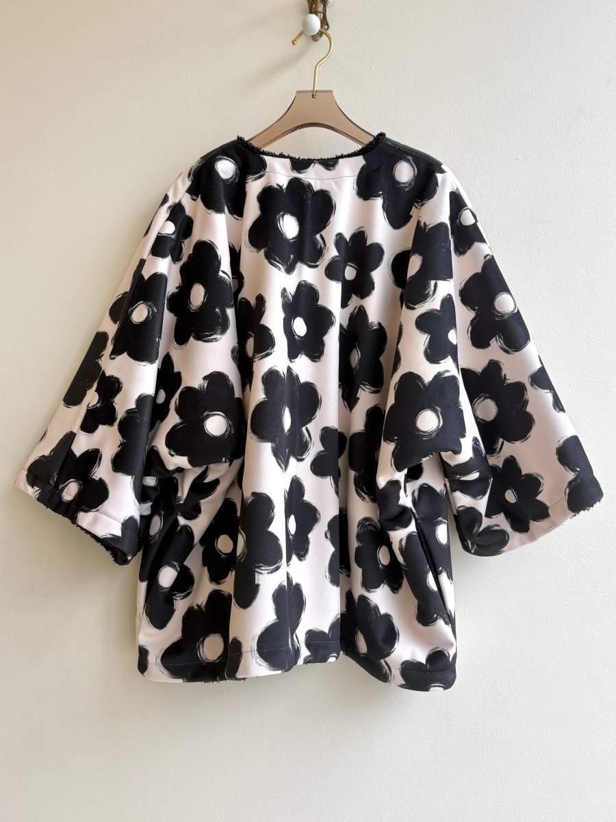 Black Flower Fleece and Sherpa Dolman Jacket - Made X Hudson