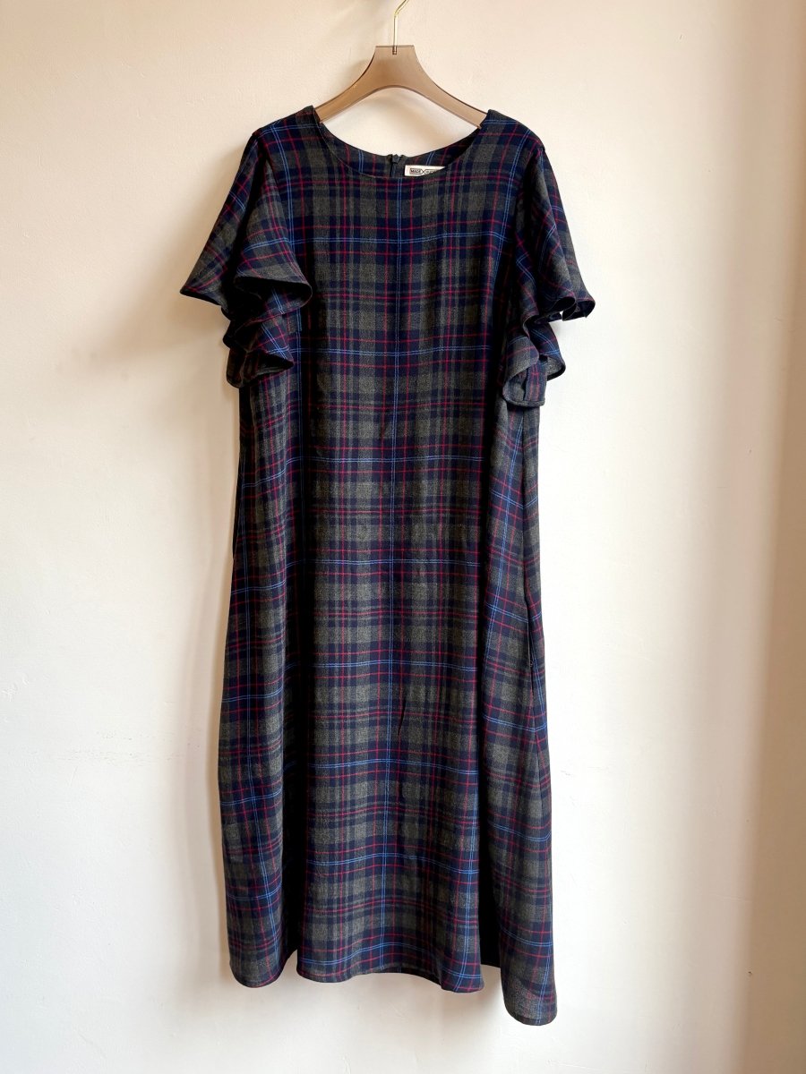 Navy, Blue, Grey, & Red Plaid Chore Dress w/ Flutter Sleeve - Made X Hudson