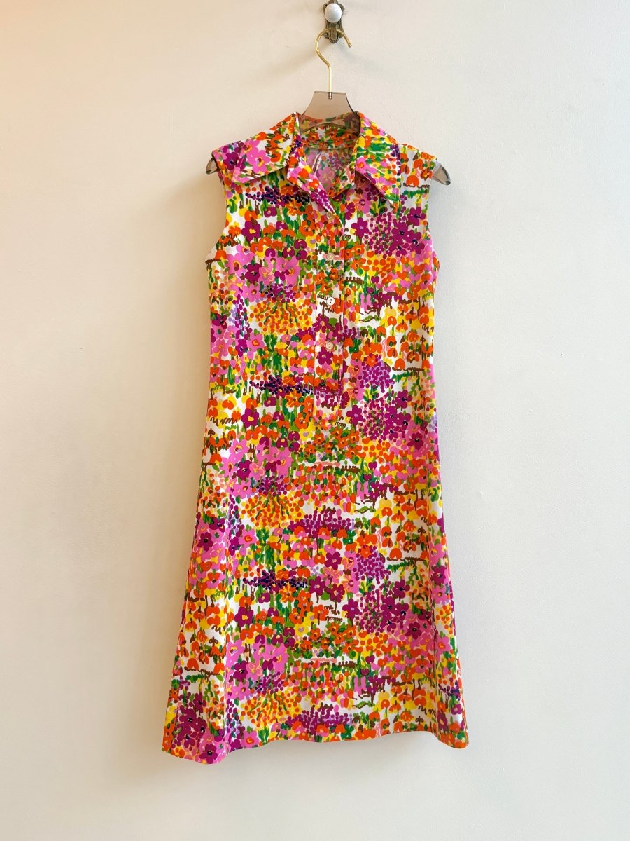 Orange and Violet Wildflower Sleeveless Mod Dress with Collar (Vintage) - Made X Hudson