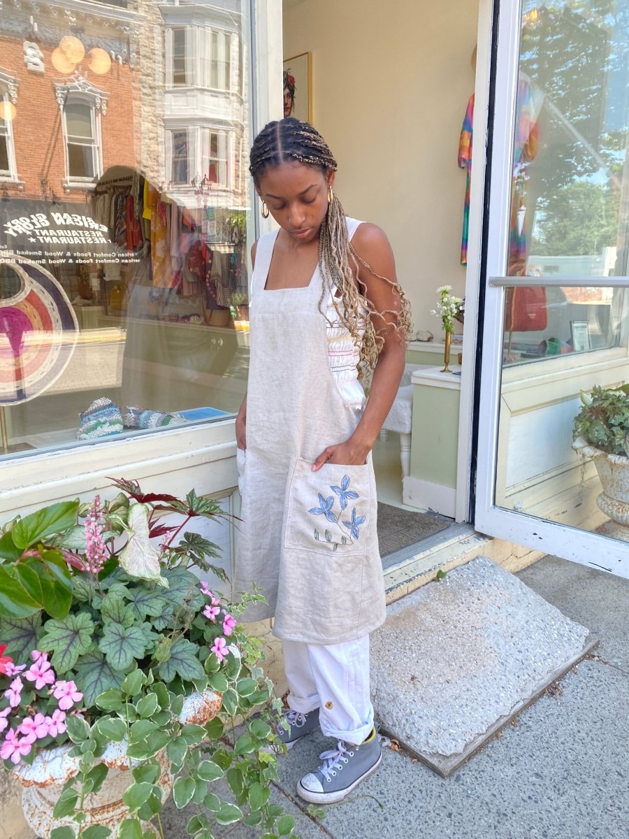 Beige Organic Linen Hand - Embroidered Pinafore Apron w/ Blue & Green Floral - Made X Hudson