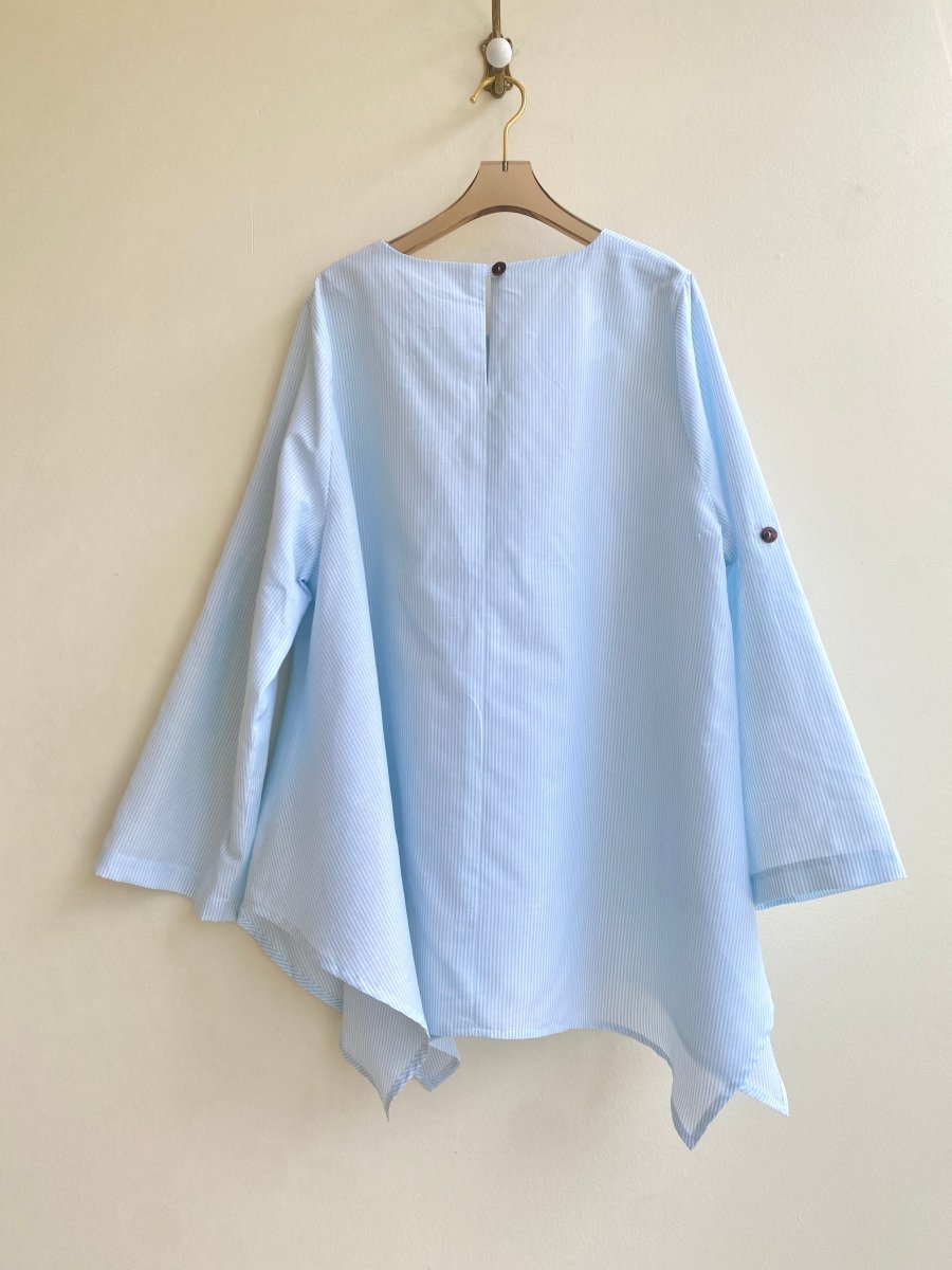 Pale Blue Mini - stripe Handkerchief Hem Shirt w/ Patch Pockets - Made X Hudson
