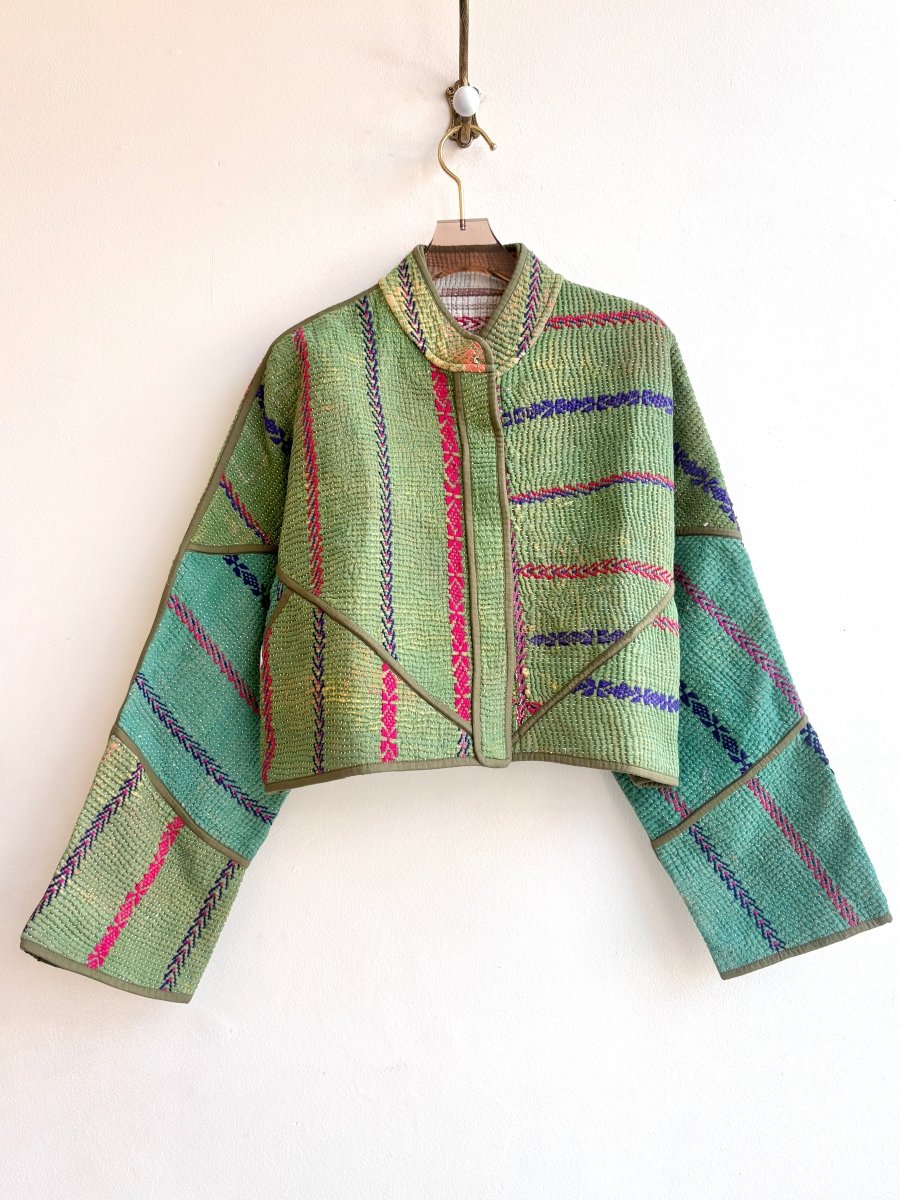 Reversible Kaira Quilted Cropped Jacket in Colors Cream Stripe, Olive, Sage & Grass Green, Red and Blue Stripes - Made X Hudson