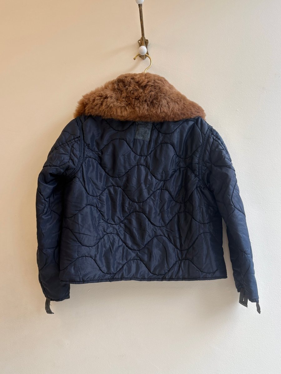 Navy Army Liner Quilted Coat w/ Brown Alpaca Fur Collar & Burgundy Clasps (Reworked) - Made X Hudson