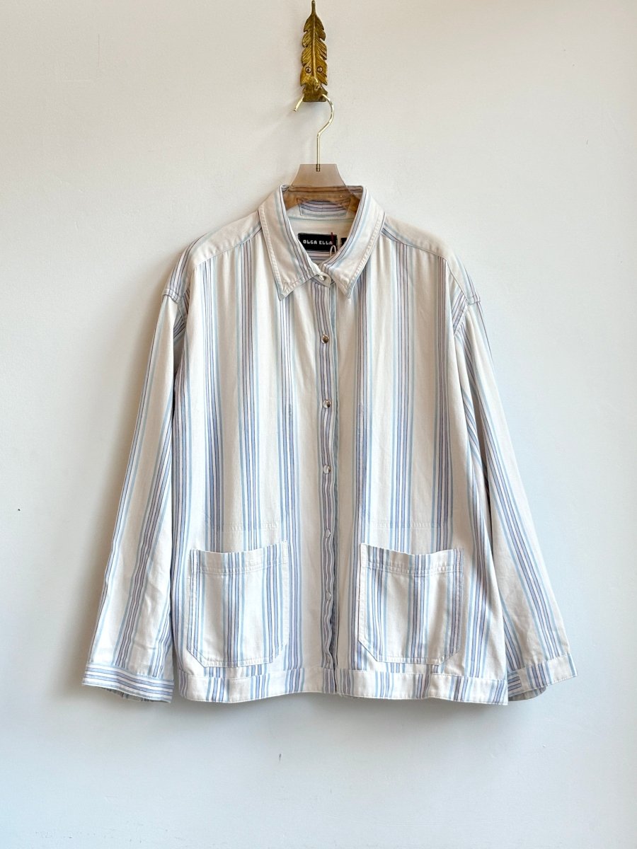 White w/ Light Blue & Red Stripes Denim Shirtjacket (Reworked) - Made X Hudson