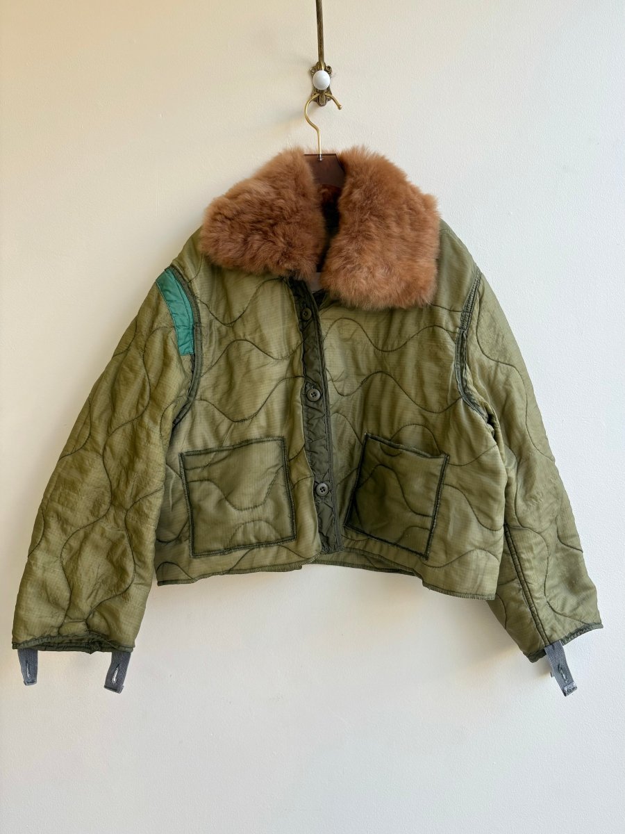 Olive Green Patched Army Liner Quilted Coat w/ Caramel Alpaca Fur Collar (Reworked) - Made X Hudson