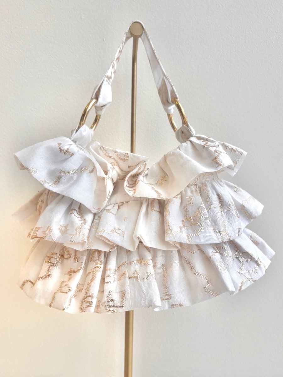 Liza Ruffle Bag in Ivory w/ Gold Abstract Embroidery - Made X Hudson