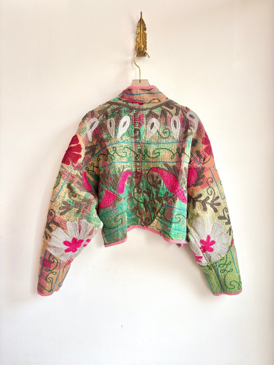 Reversible Suzani Quilted Cropped Jacket in Colors Green, Hot Pink, Truffle, Mauve & Brick Red, Hot Pink, Truffle, Light Pink - Made X Hudson