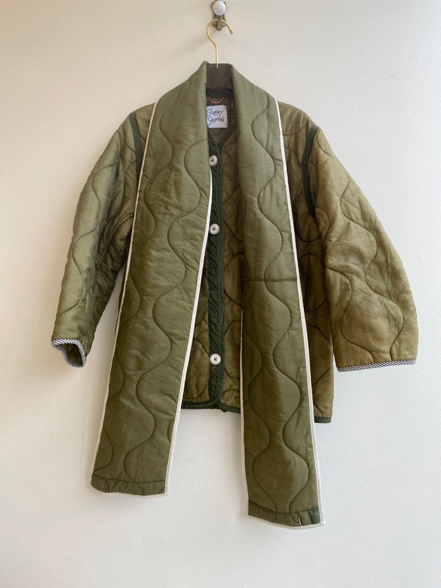 Olive Green Army Liner Quilted Coat w/ Scarf & White Buttons (Reworked) - Made X Hudson