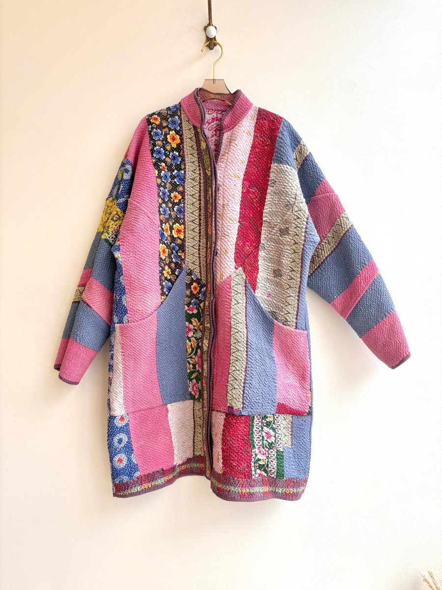 Reversible Sai Long Trench Quilted Jacket in Colors Petal Pink, Baby Blue, White, Mint & Wine, Blue, Silver, Pink - Made X Hudson