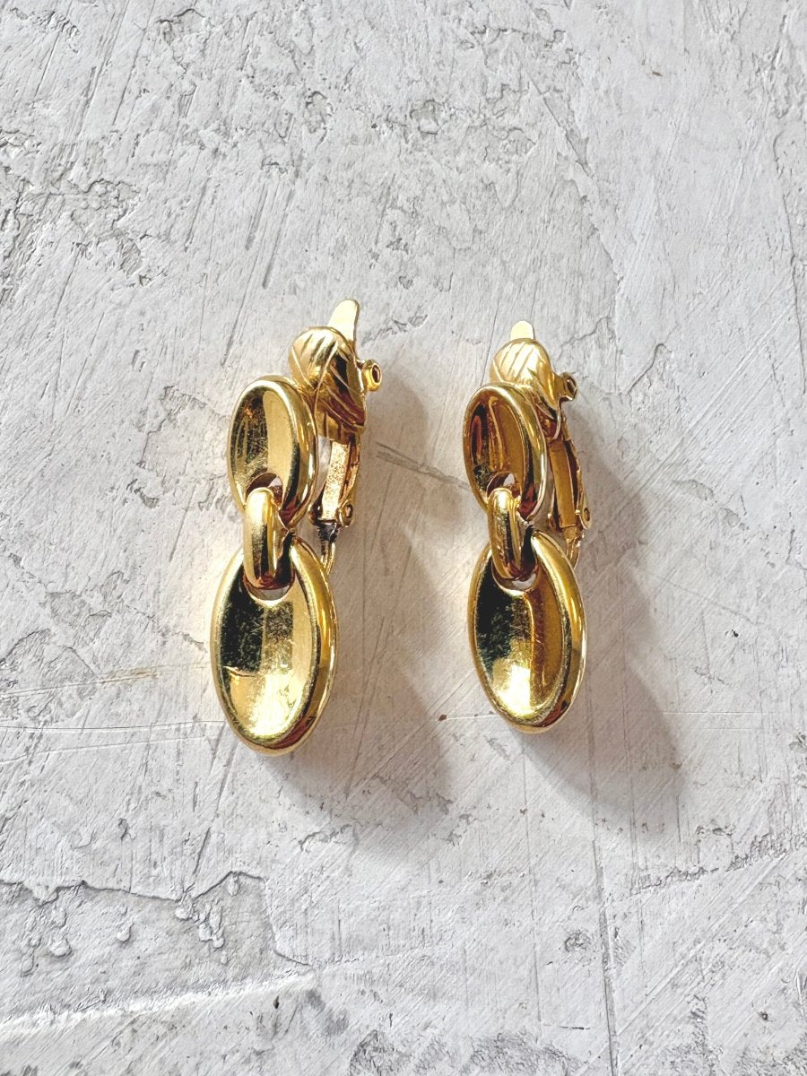 Gold Tone Dangle Ovals Clip On Earrings (Vintage) - Made X Hudson