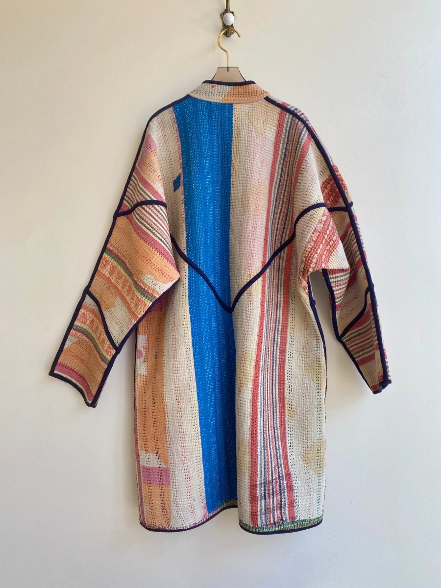 Reversible Long Trench Quilted Jacket in Orange, Tan, Blue Stripes & Green, Blue, Orange - Made X Hudson