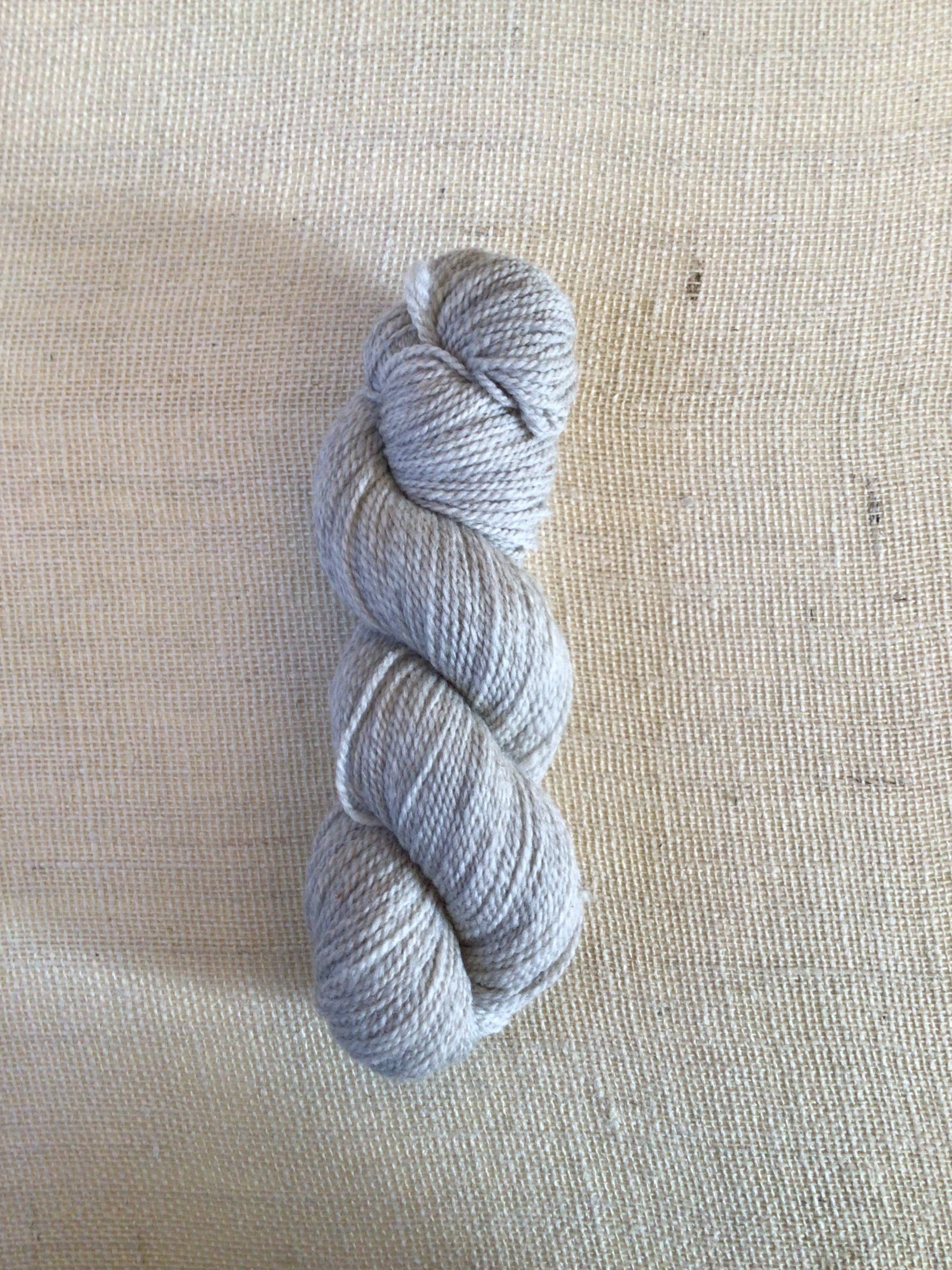 A skein of natural grey yarn sits on a neutral canvas background