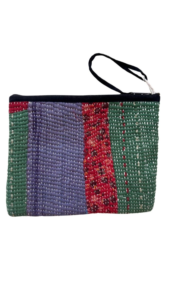 Biju Vintage Kantha Quilted Zipper Pouch in Colors Green, Red Floral Patchwork, Purple - Made X Hudson