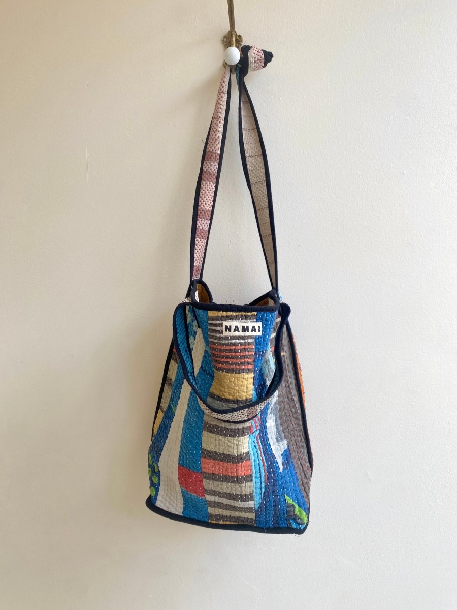 Reversible Xoti II Hand - Quilted Tote Bag in Colors Blue, Black & Mustard, Pale Blue - Made X Hudson