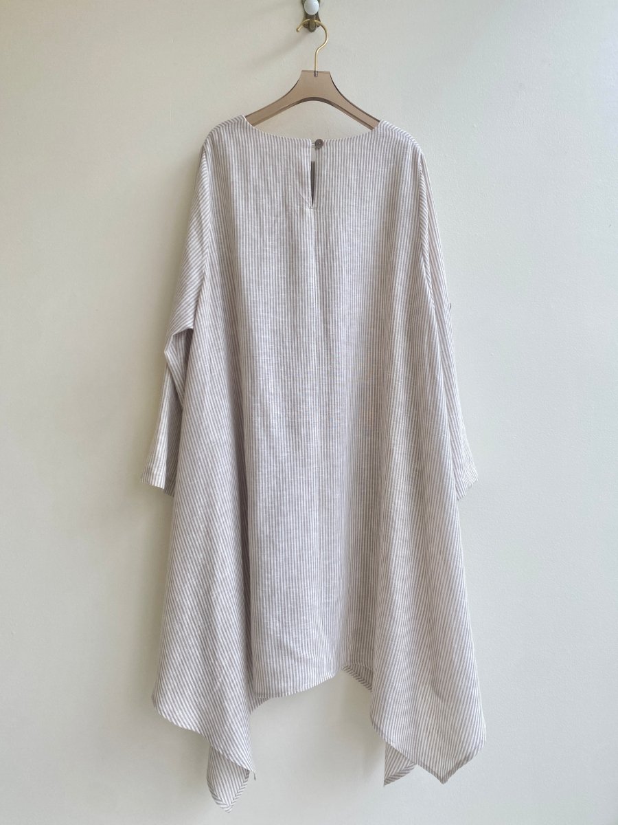 Tan & Cream Mini - stripe Handkerchief Hem Dress w/ Patch Pockets - Made X Hudson