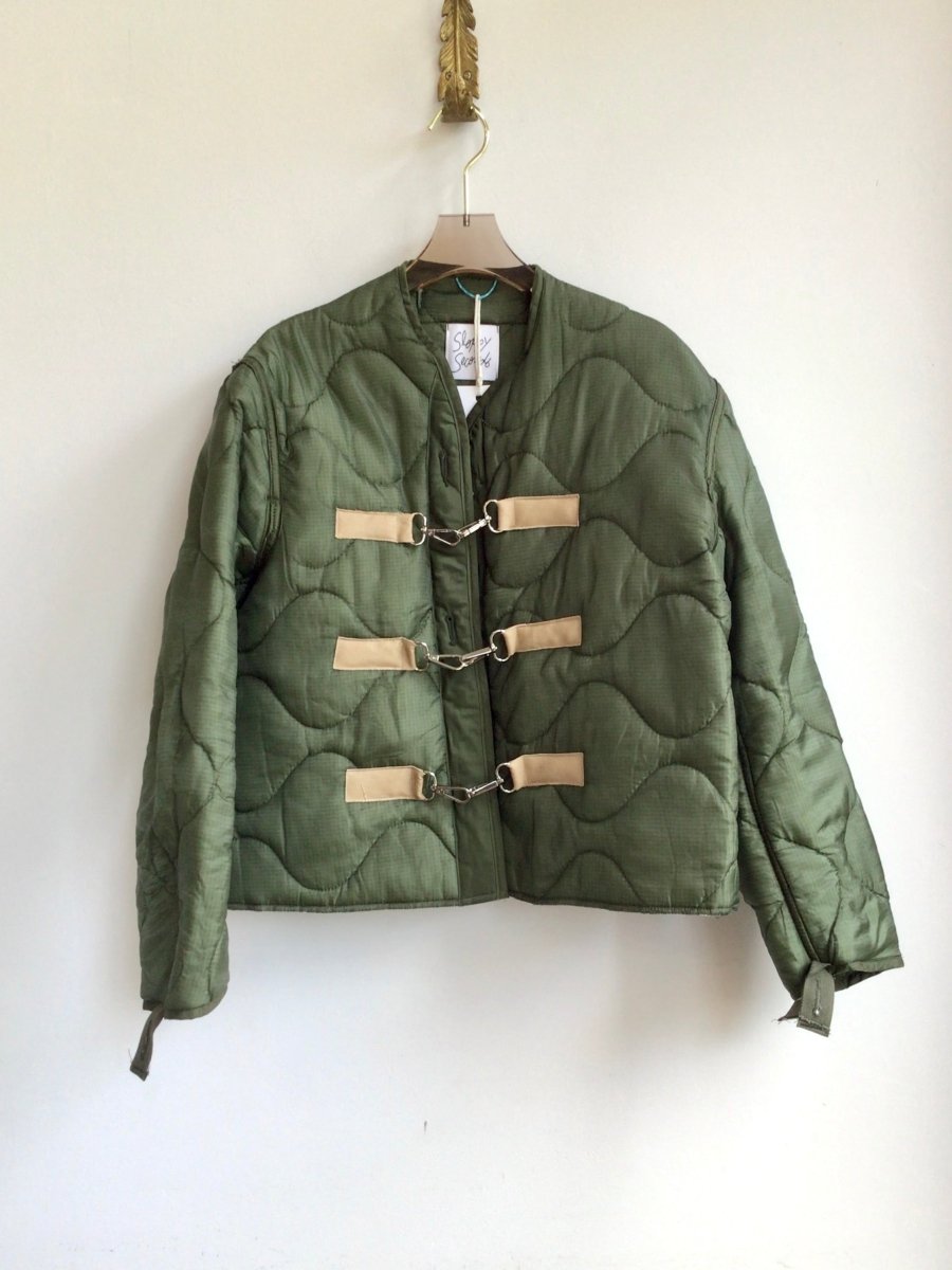 Dark Olive Green Army Liner Quilted Coat w/ Tan Leather & Silver - Tone Clasps (Reworked) - Made X Hudson