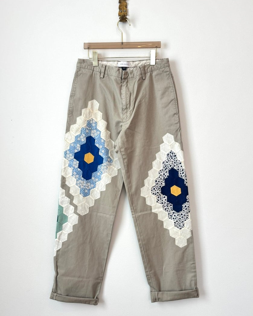 Grandmothers Garden Quilt Block Applique Chinos | Cream, Blue and Yellow (Reworked) - Made X Hudson