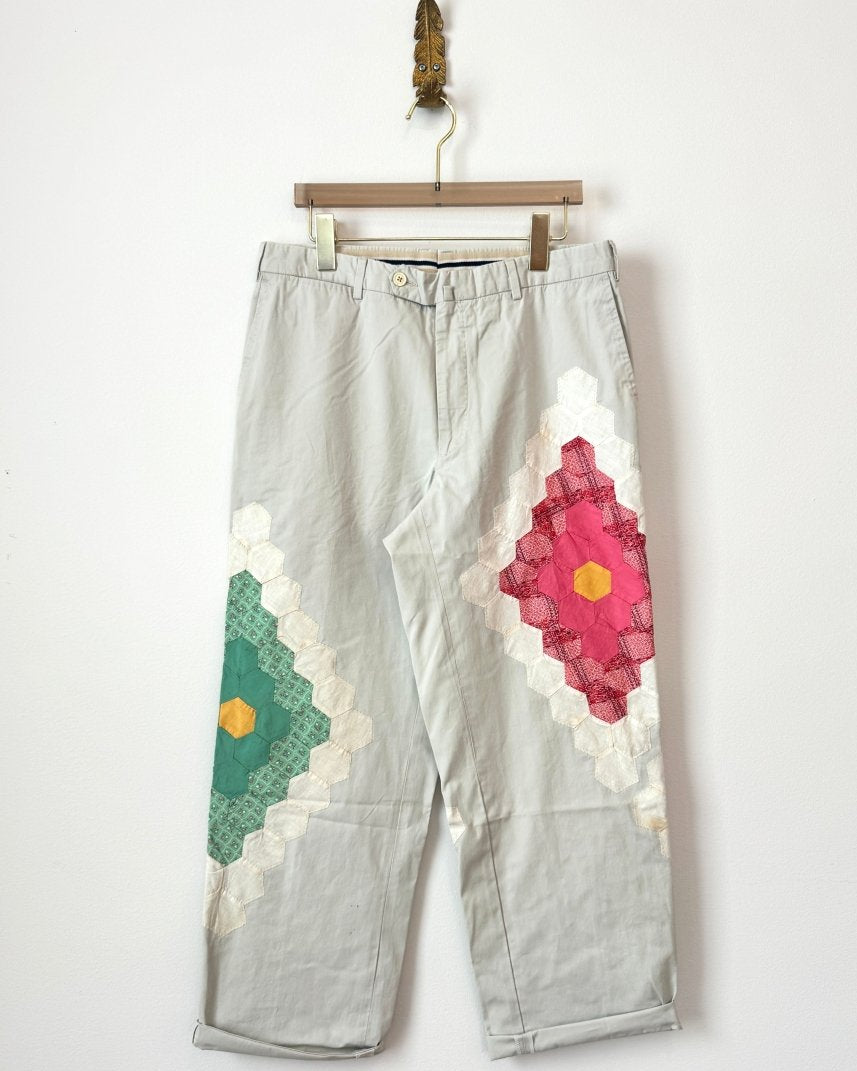Grandmothers Garden Quilt Block Applique Chinos | Strawberry and Mint (Reworked) - Made X Hudson