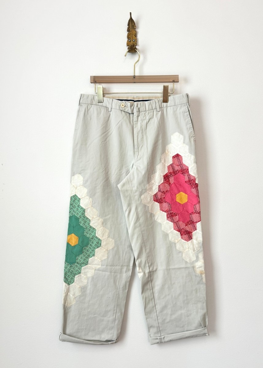 Grandmothers Garden Quilt Block Applique Chinos | Strawberry and Mint (Reworked) - Made X Hudson