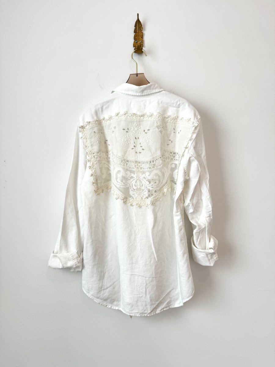 White Linen Dollie Applique Button Down | Cut Lace and Florette Crochet (Reworked) - Made X Hudson