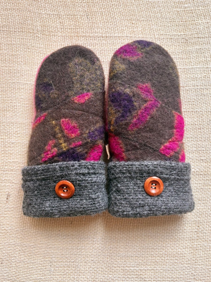 Dark Floral, Fuchsia, Moss Green Wool Mittens - Made X Hudson