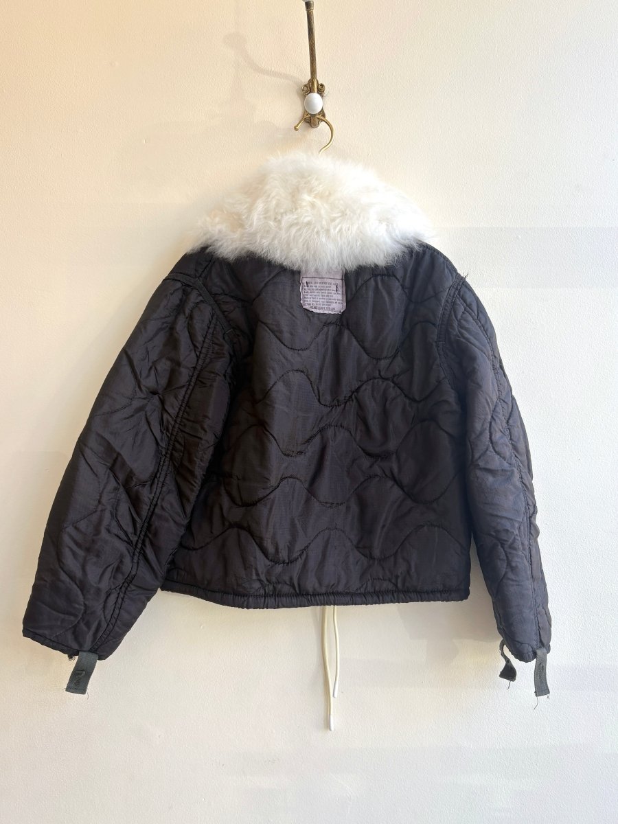 Black Army Liner Quilted Coat w/ White Alpaca Fur Collar, White Buttons & White Drawstring (Reworked) - Made X Hudson