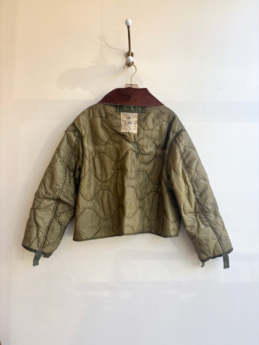 Light Olive Army Liner Quilted Coat w/ Chestnut Brown Dagger Collar & Leather Buttons (Reworked) - Made X Hudson