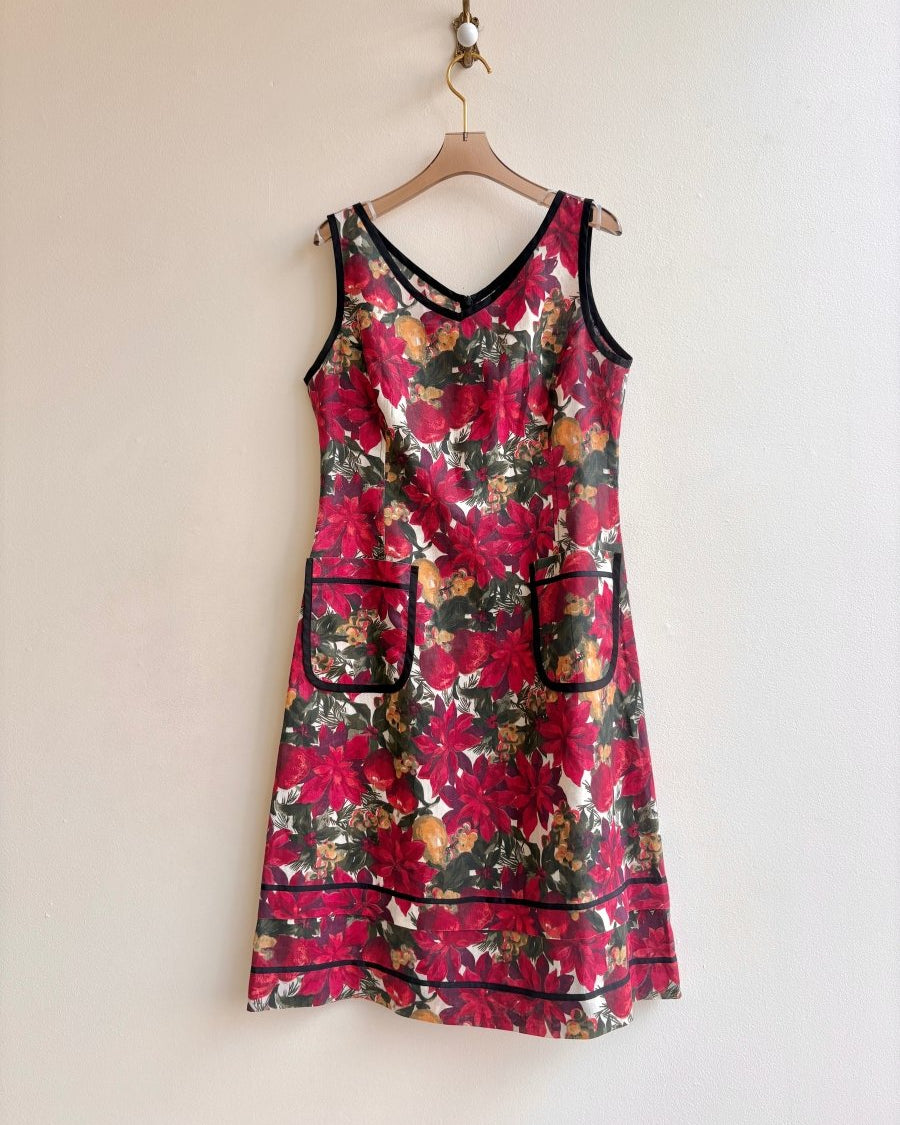Jill Anderson | Red Poinsettia Floral Print Dress w/ Black Trim (Vintage) - Made X Hudson