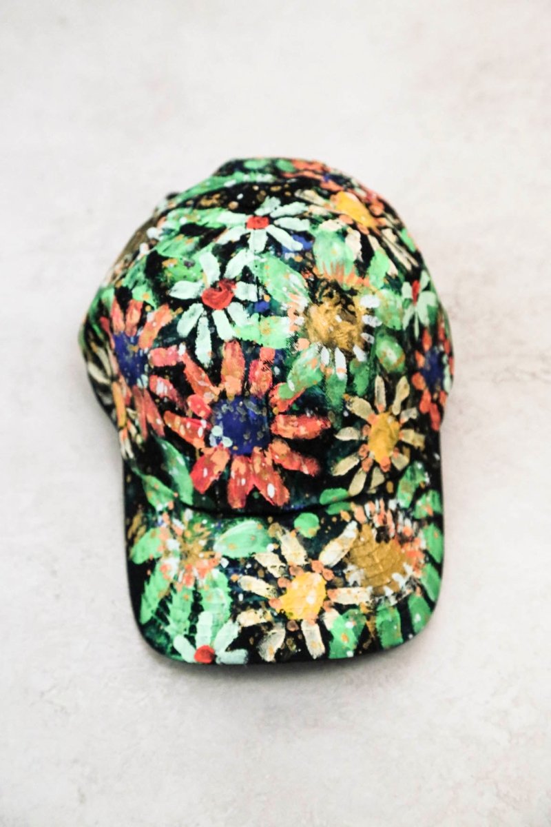 "Diya" Black Baseball Cap w/ Orange and Green Flowers | Hand Painted - Made X Hudson
