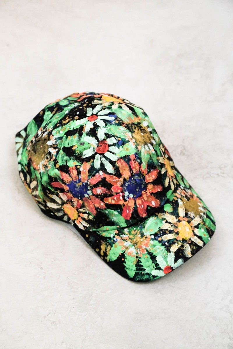 "Diya" Black Baseball Cap w/ Orange and Green Flowers | Hand Painted - Made X Hudson