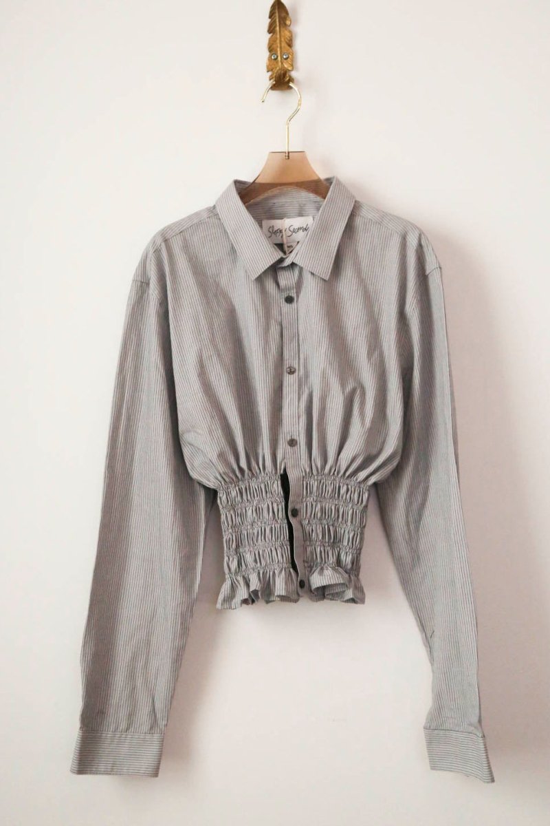 The George Top | Grey and Black Pinstripe with Smocked Waist (Reworked) - Made X Hudson