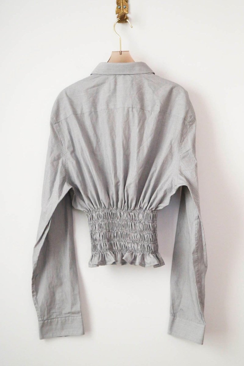 The George Top | Grey and Black Pinstripe with Smocked Waist (Reworked) - Made X Hudson